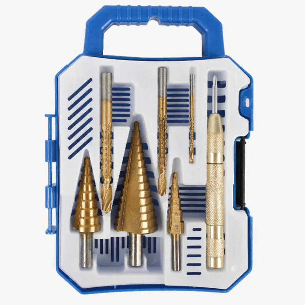 

7pcs Step Drill Bit Set With Center Punch Cutting Tools Replacement Straight Flute Titanium-Coated Sawtooth Tower Drill Bits Kit