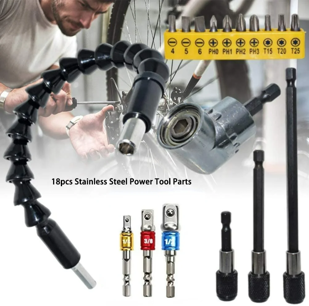 18pcs Universal Chrome-vanadium Steel Power Tool Parts, Flexible 105 Degree Right Angle Drill Bit Extension Socket Adapter Set