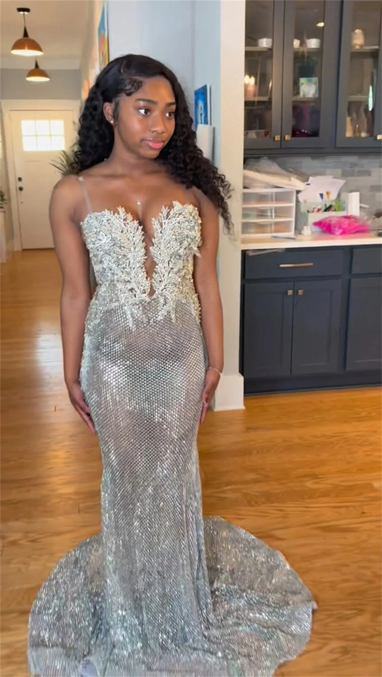 Lace Long Prom Dresses For Black Girls See Through Sheer Beaded Sexy African Evening Gowns Birthday Party Robe Customized