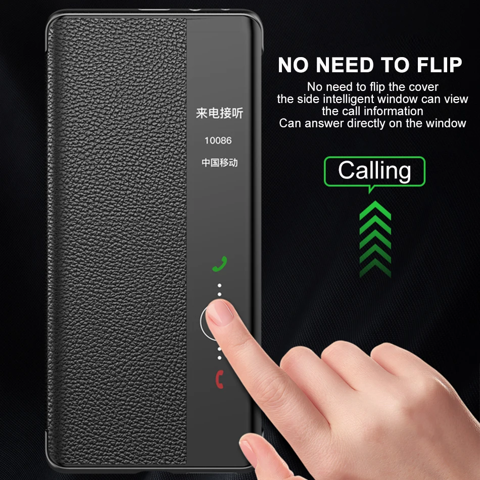 Genuine Leather Flip Cover For Huawei Mate 50 Pro Case Original Mirror Smart Touch View Wake Sleep Up Protection