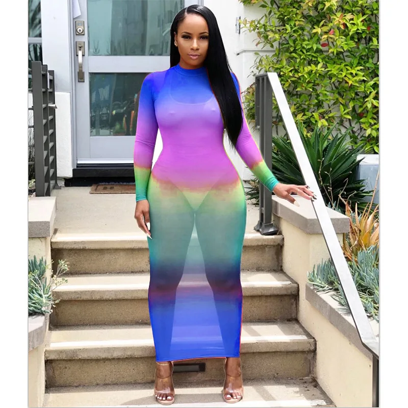 Robe transparente à imprimé arc-en-ciel pour femmes, document nickel é, manches longues, col rond, robes de club sexy pour dames maigres