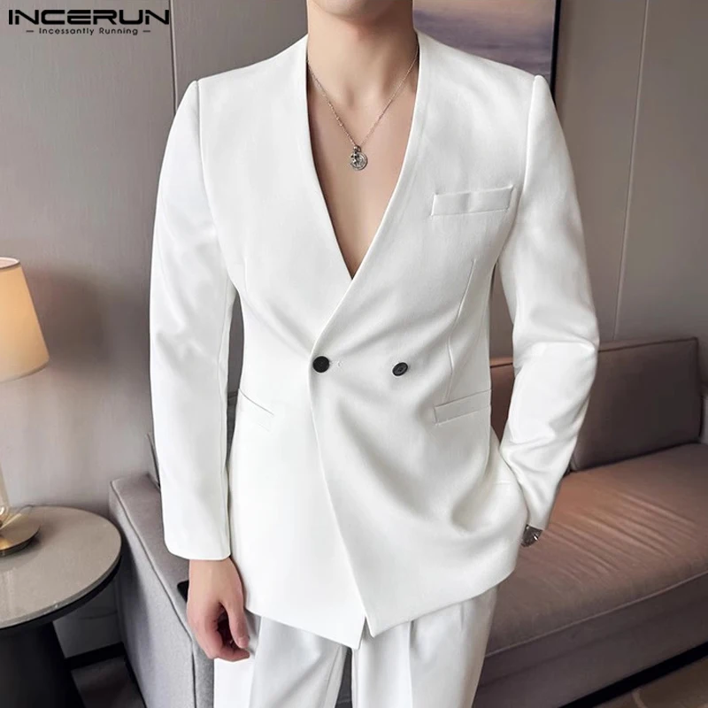 Men Sexy Solid Color Tops INCERUN Casual Long Sleeve Blazer Bottun Pocket Elegant Suits 2024 Korean Fashion V-neck Coats S-5XL