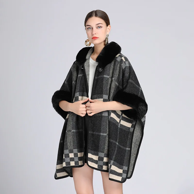 

New Imitation Otter Rabbit Fur Collar Hooded Cape Women's Loose Coat Imitation Cashmere Ponchos Capes Cloak