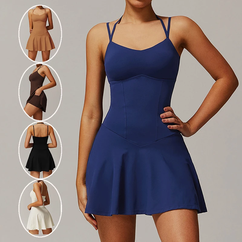 Womens Quick-Dry Sports Dresses Built Bra Sleeveless Backless Tennis Dress Ladies Workout Golf Skirts Athletic Skorts with Short