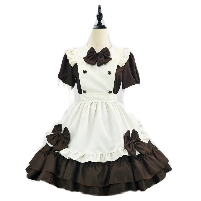 Vintage Koffie Gekleurde Lolita Outfit Japanse Anime Meid Cosplay Kostuum Strik Schort En Pop Hals Bubble Mouw Mini Jurk Pak