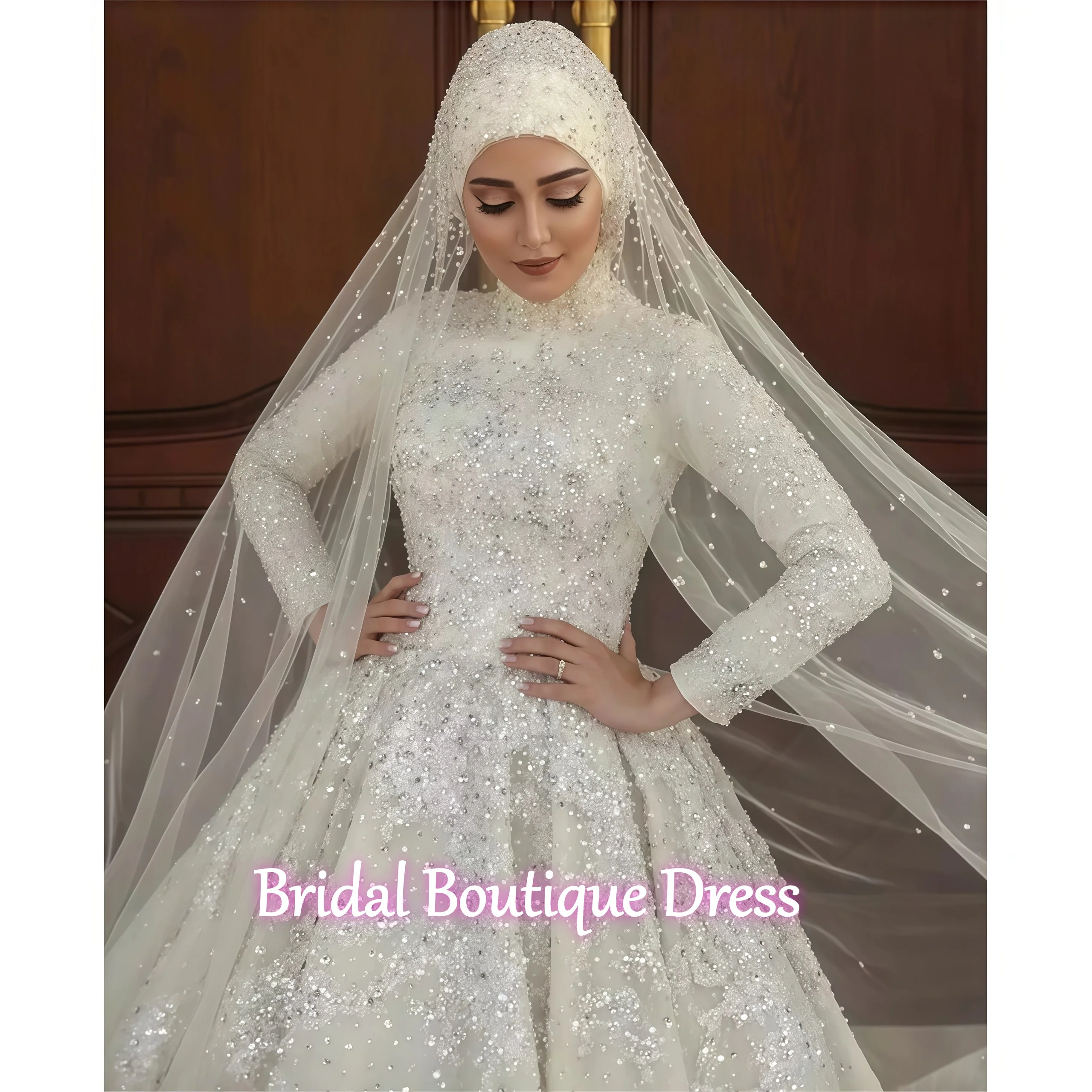 Abito da sposa in rilievo con paillettes squisito personalizzato per la sposa collo alto Dubai arabo Hijab abito da sposa musulmano Robes De Mariée