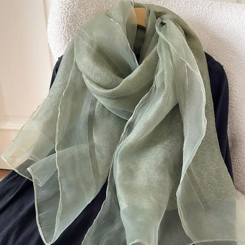 Eleganter, einfarbiger Seidenschal, langer, dünner, warmer Schal, doppellagiger Organza-Wickelschal für Damen – Detail 7