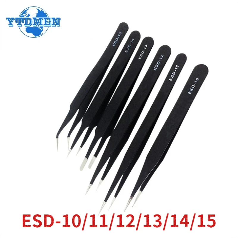 1pcs/6pcs ESD Anti Static Tweezers Stainless Steel Tweezers Elbow Tip Flat ESD-10/11/12/13/14/15 DIY Electronics Repair Tool