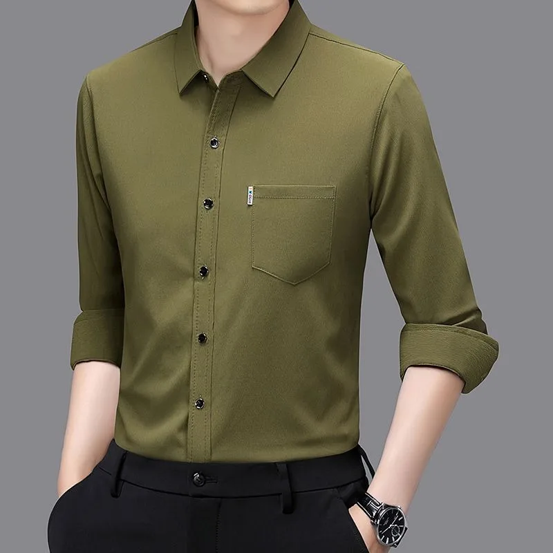 Camisa masculina de chiffon de manga comprida de alta qualidade com bolso cor sólida nova camisa versátil na primavera outono