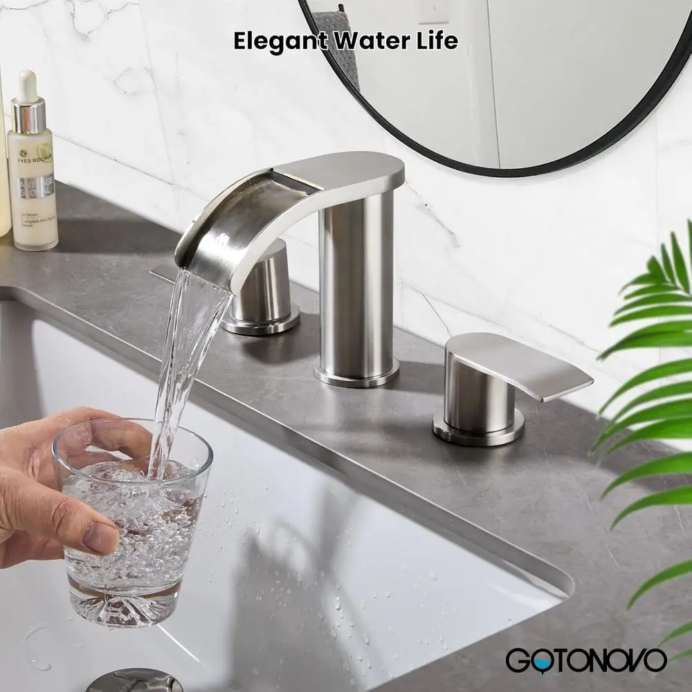 مجموعة 8 صنابير حوض الحمام واسعة الانتشار مع 3 فتحات ومقابض وصرف منبثق وخطوط مائية من النيكل المصقول