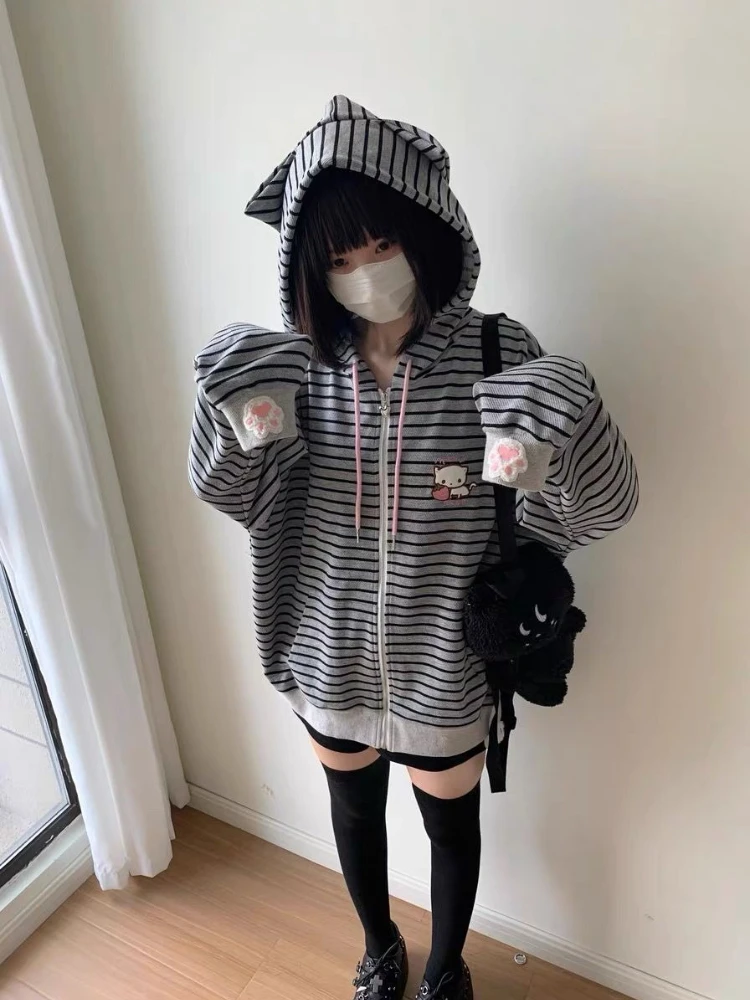 HOUZHOU Gray Cat Embroidery Women Hoodies Cutecore Striped Japanese Style Kawaii Sweet Zipper Sweatshirt Loose Cat's Ears Preppy