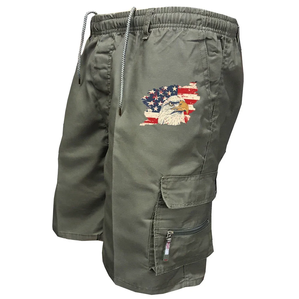 Men's Cargo Shorts Vintage American Flag Eagle Print Elastic Waist Drawstring Multi Pocket Casual Summer Short Pants