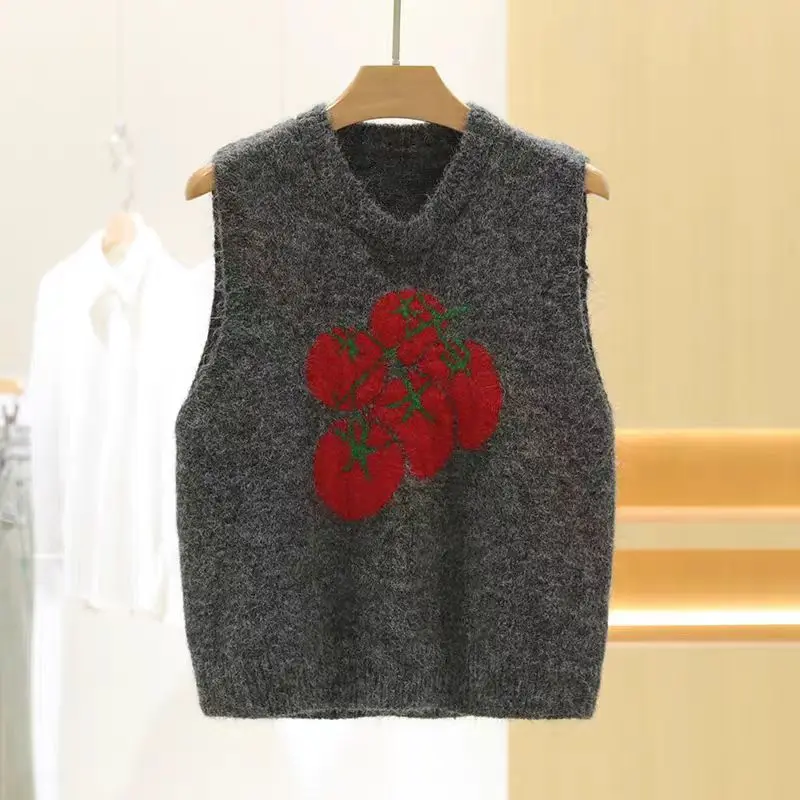 Vegetable Tomato Jacquard Korean Casual Knitted Vests Women Sweater Sleeveless O-neck Loose Versatile Waistcoat Vests Tops 2026 #3