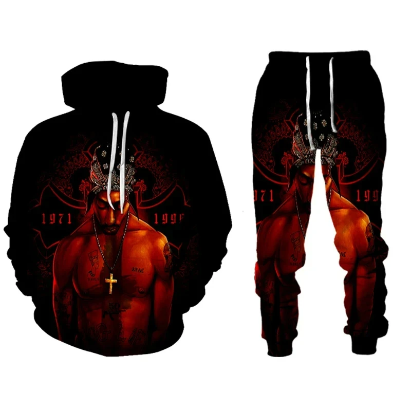 Homens Tupac 3D impresso Hoodie Suit, Rap Singer 2 PAC Vestuário, moletons casuais, moletom, moda conjunto de treino, 2 pcs