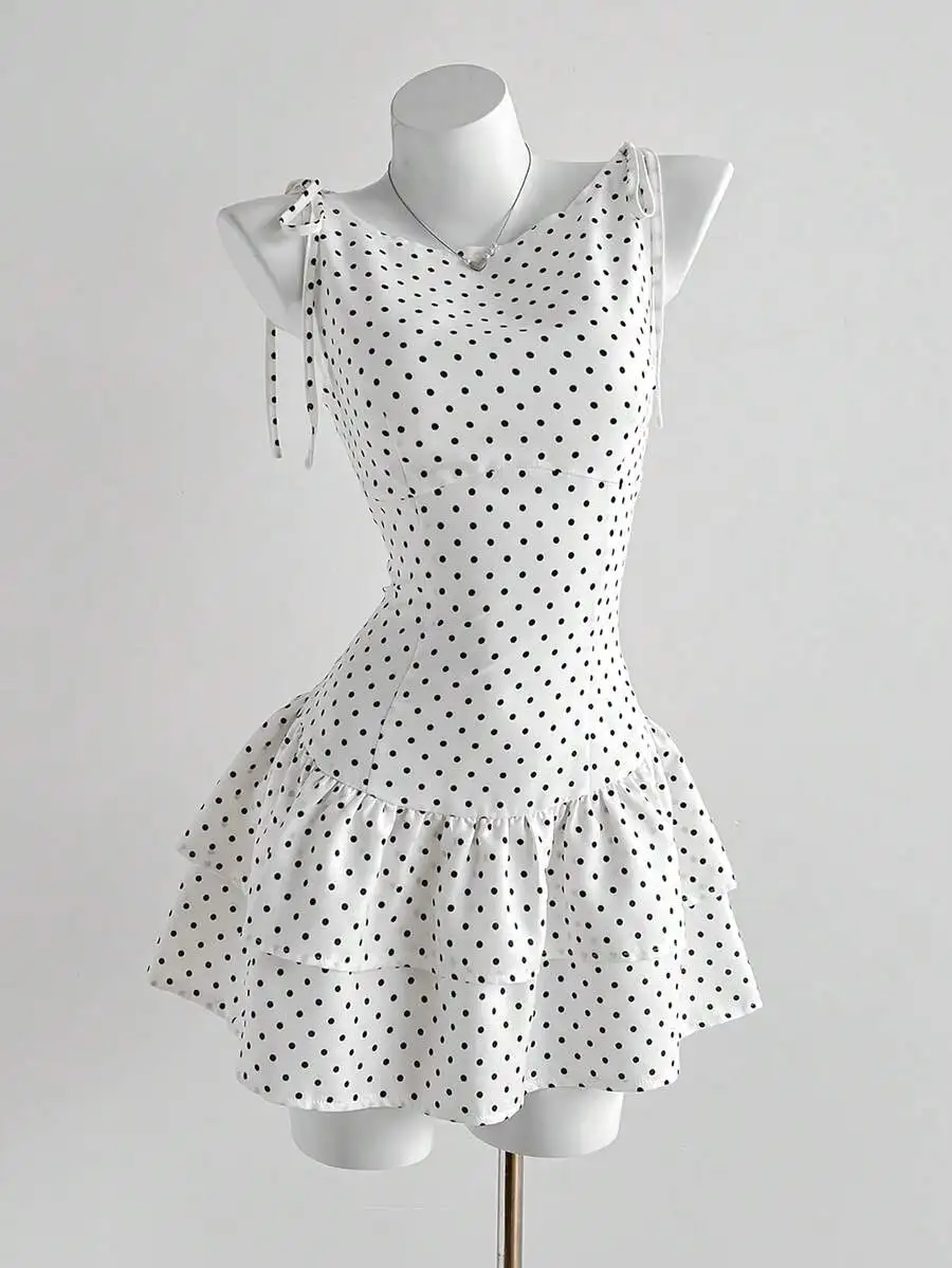 

Sleeveless Polka Dot A-Line Ruffle Hem Dress Women Vintage Sweet Romantic Party Holiday Spring Summer Autumn
