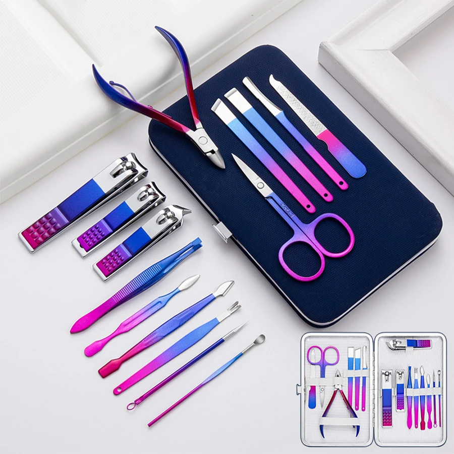 Colorful Stainless Steel 7-15 Piece Beauty Nail and Eyebrow Repair Set Manicure Set Nail Clippers