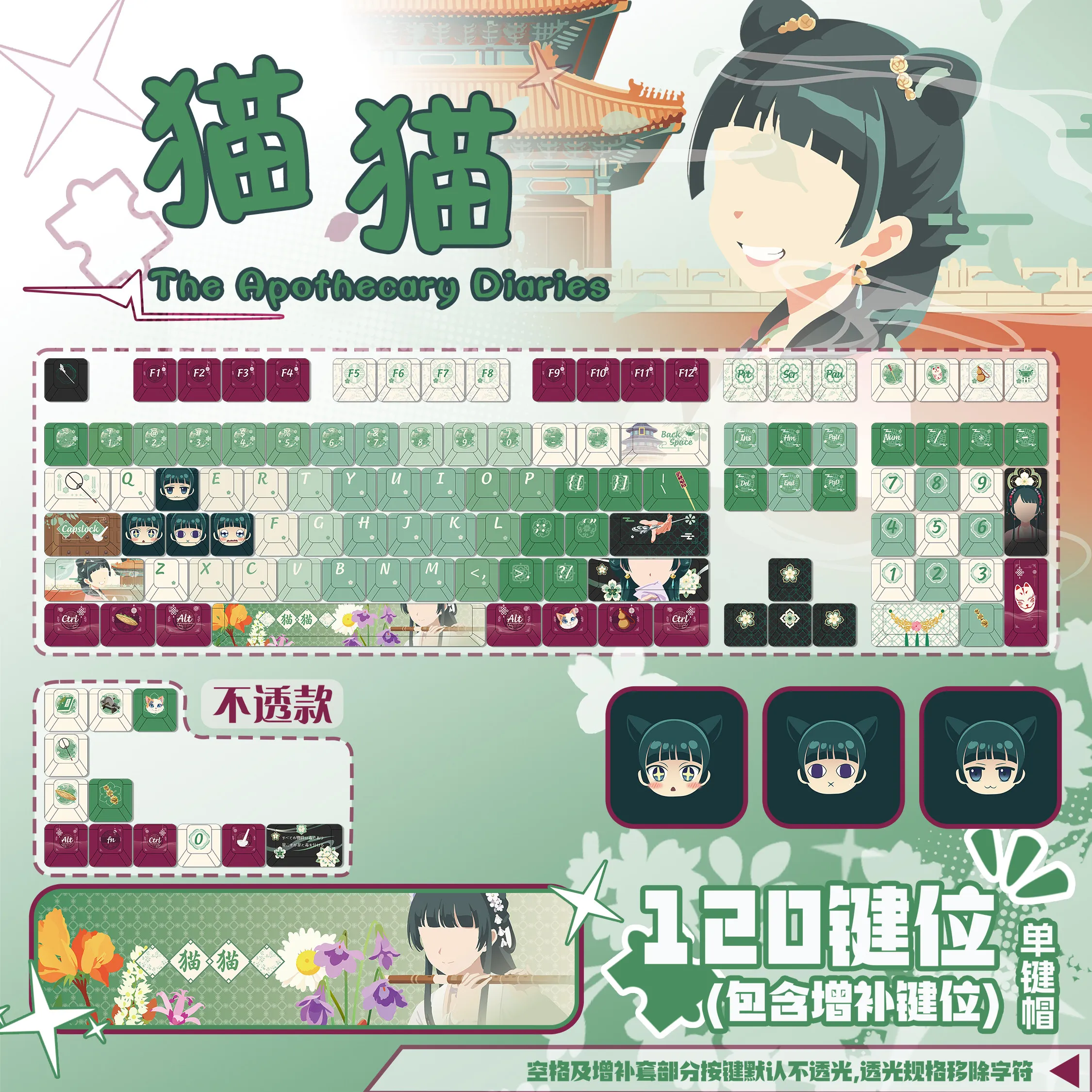 Maomao 120, jeu de touches PBT, motif « The Apothecary Diaries », impression par sublimation, compatible avec les claviers mécaniques Cherry Cross MX.