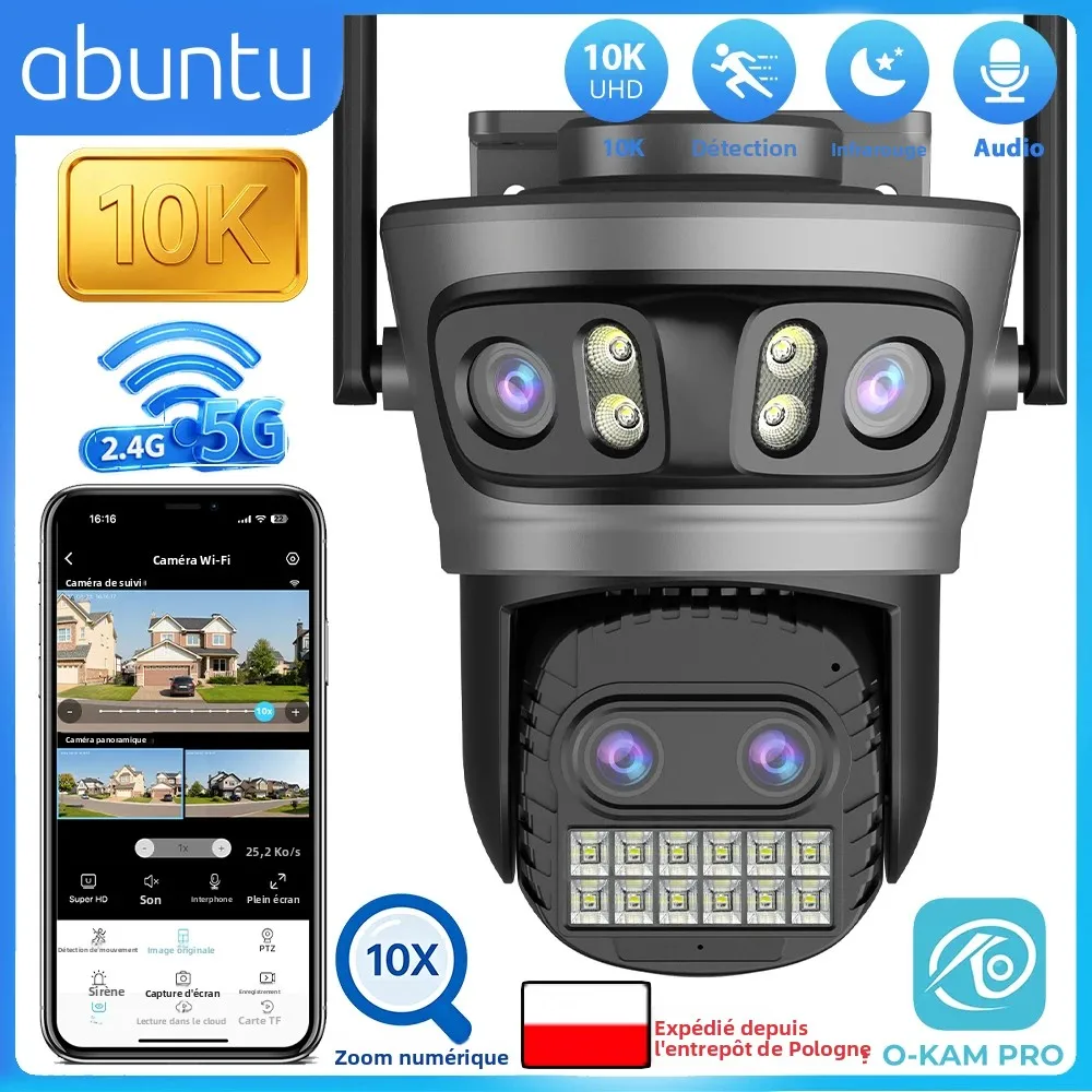Caméra de sécurité WiFi PTZ 20MP 10K, extérieure, quatre objectifs, quatre écrans, zoom numérique 10X, caméra de surveillance vidéo double bande 2.4G et 5G