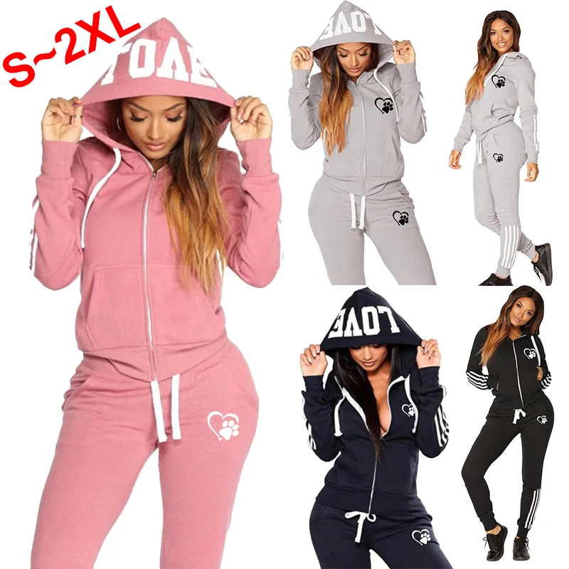 

Fashion women's striped hooded sportswear two-piece printed long sleeved full zippered hoodie and pants sportswear set