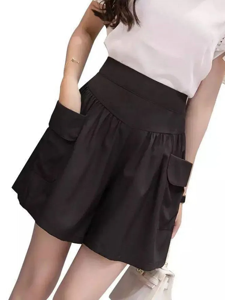 

Summer Shorts Women Casual Pleated High Waist Pockets Wide Leg Thin Elastic All-Match Loose Soft Cotton Exercise Folds