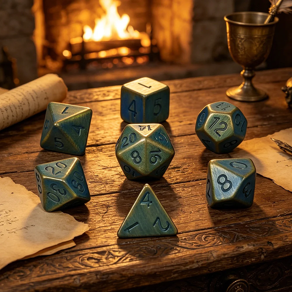 Retro Antique Blue Bronze Acrylic Dice 7 Pieces Set, Vintage Patina Ancient Effect Polyhedral Dice for DND, RPG, Tabletop Games