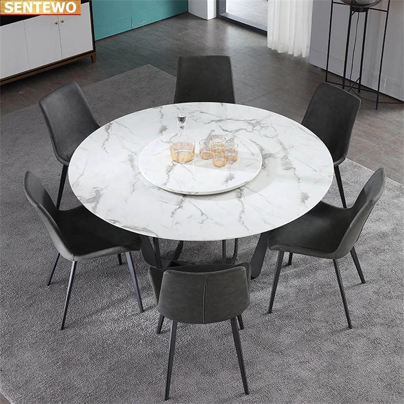 Designer Luxury round kitchen Marble Rock Slab dining table set 6 chairs mesa eettafel furniture meuble marbre Carbon steel base