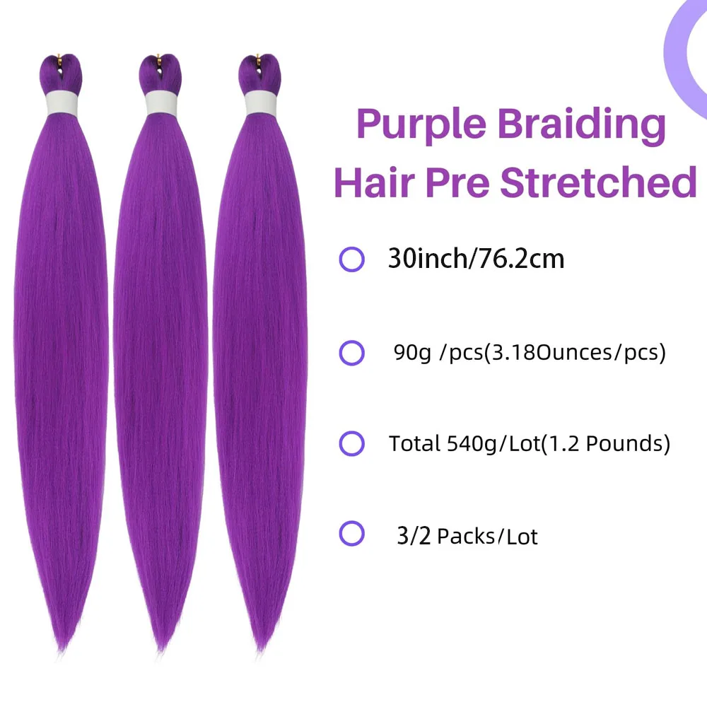 Purple Pre Stretched Braiding Hair 3 Packs, Synthetic Colored Hair Extensions for Knotless Box Braids for Girls