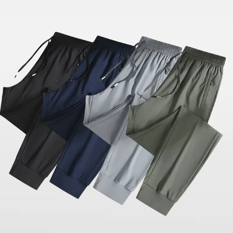 Calça esportiva solta masculina, seda gelo, fina, casual, mangas retas, bolsos dianteiros e traseiros fechados, calça de nylon com alta elasticidade, nova