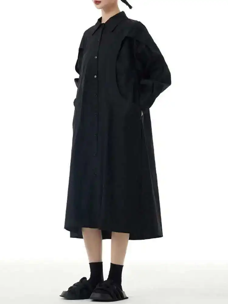 Abito camicia midi da donna verde rosa rosso impiombato di grandi dimensioni nuovo bavero manica lunga moda marea primavera autunno