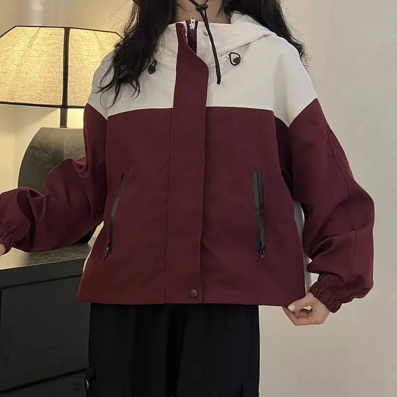 

Japanese Workwear Contrasting Hooded Jacket For Women In Autumn 2023 New Korean Zipper Fashion Short Jacket Sprinter Commuting