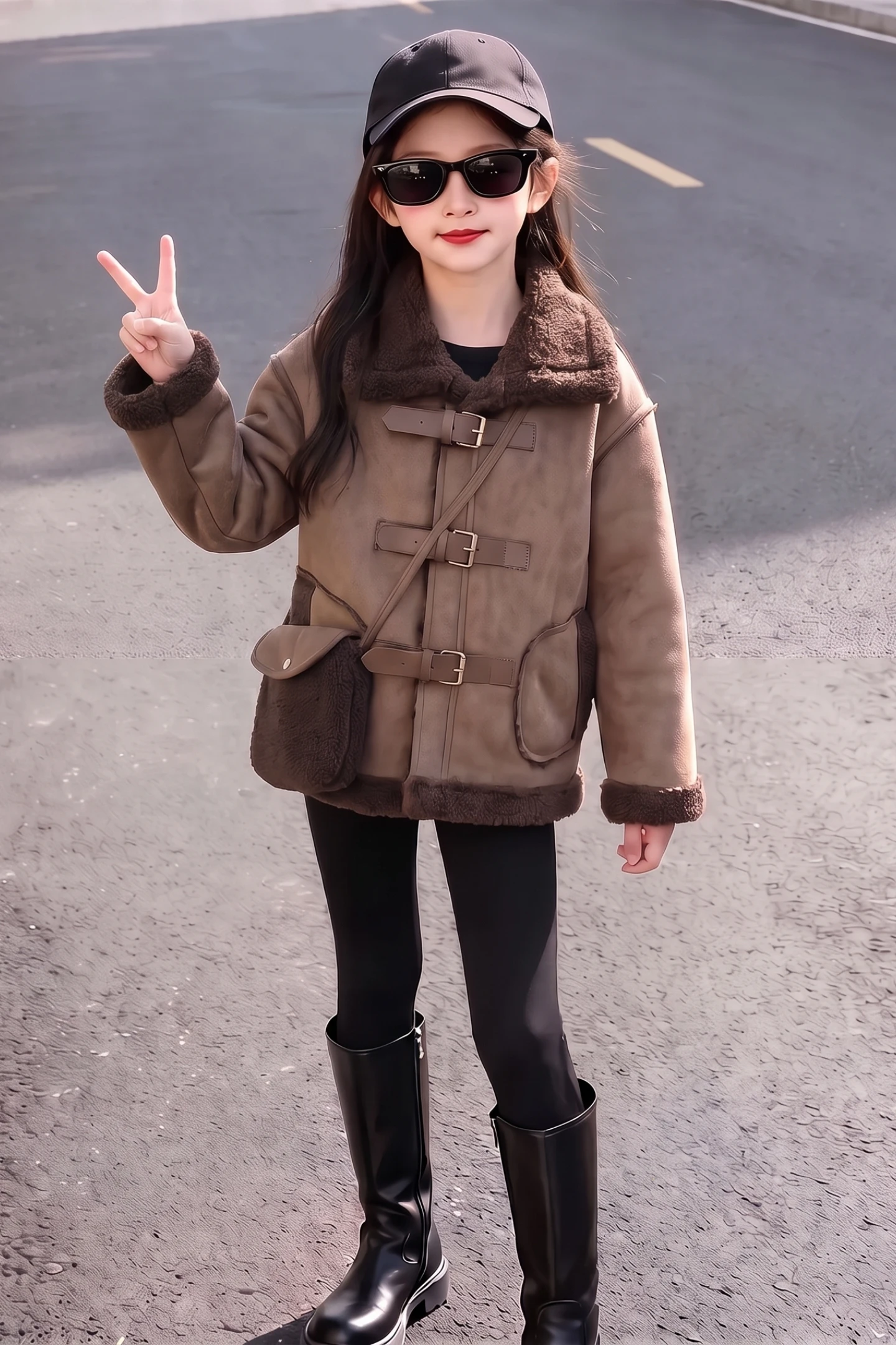 Girls Teenager Korean Style Suede Jacket Fleece Lined Fur Coat with Leather Buckle Thick Warm Outerwear for Autumn & Winter