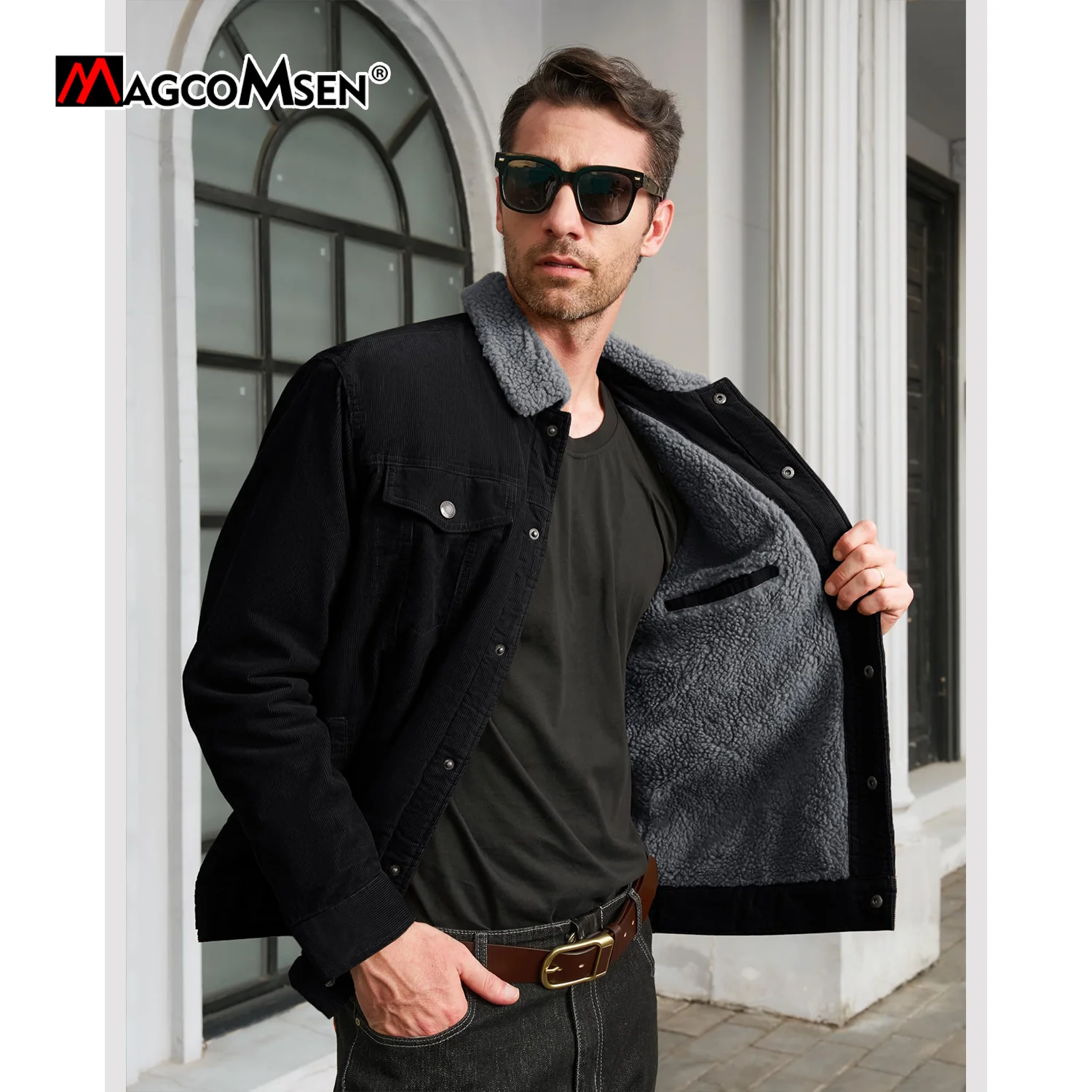 MAGCOMSEN Herren Cordjacken Vintage Sherpa Fleece Windjacke Dicke warme Wintermäntel Lässige Jeansjacke mit mehreren Taschen – Bild 2