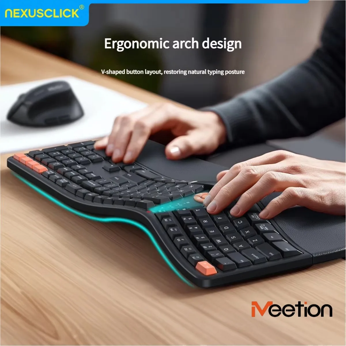NexusClick Ergonomic Keyboard Mouse Set with Leather Wrist Rest, Vertical BT Wireless Mice 2400DPI Rechargeable for Office Gamer