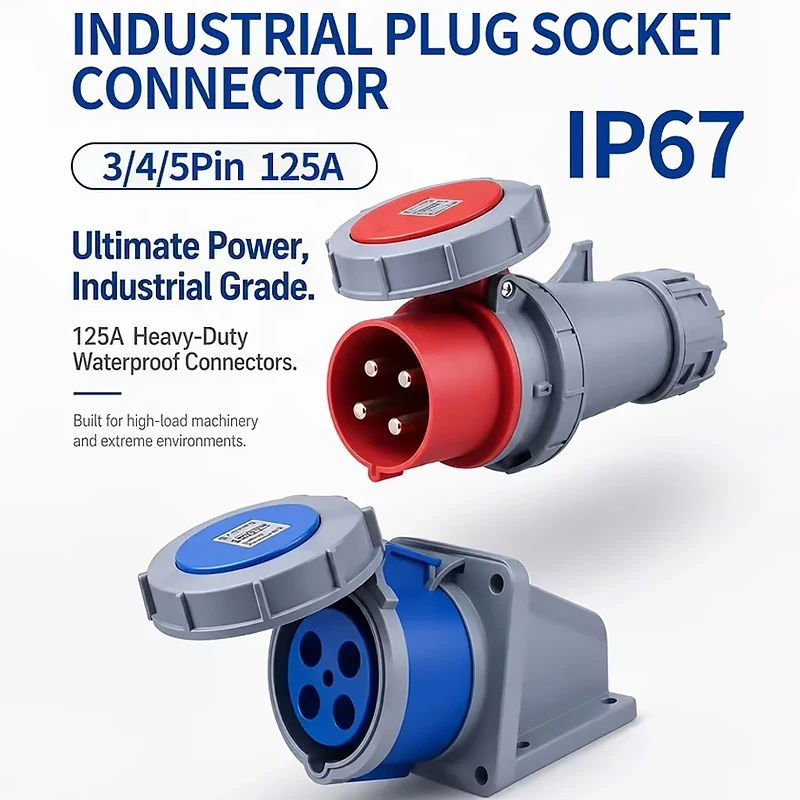 IP67 125A Waterproof CEE Power Connector 3/4/5 Pin 415V Industrial Plug & Receptacle Heavy Duty Copper for Factory Construction