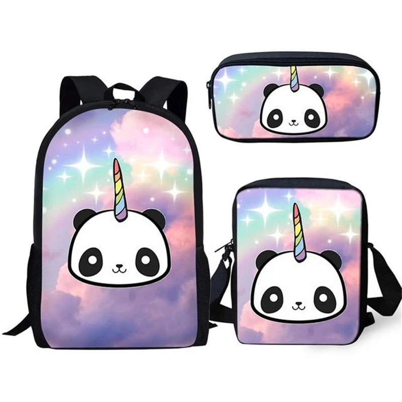 3 buah tas sekolah gambar kartun Unicorn Panda, tas ransel kasual pelajar, tas buku kampus, tas makan siang harian, tas pensil