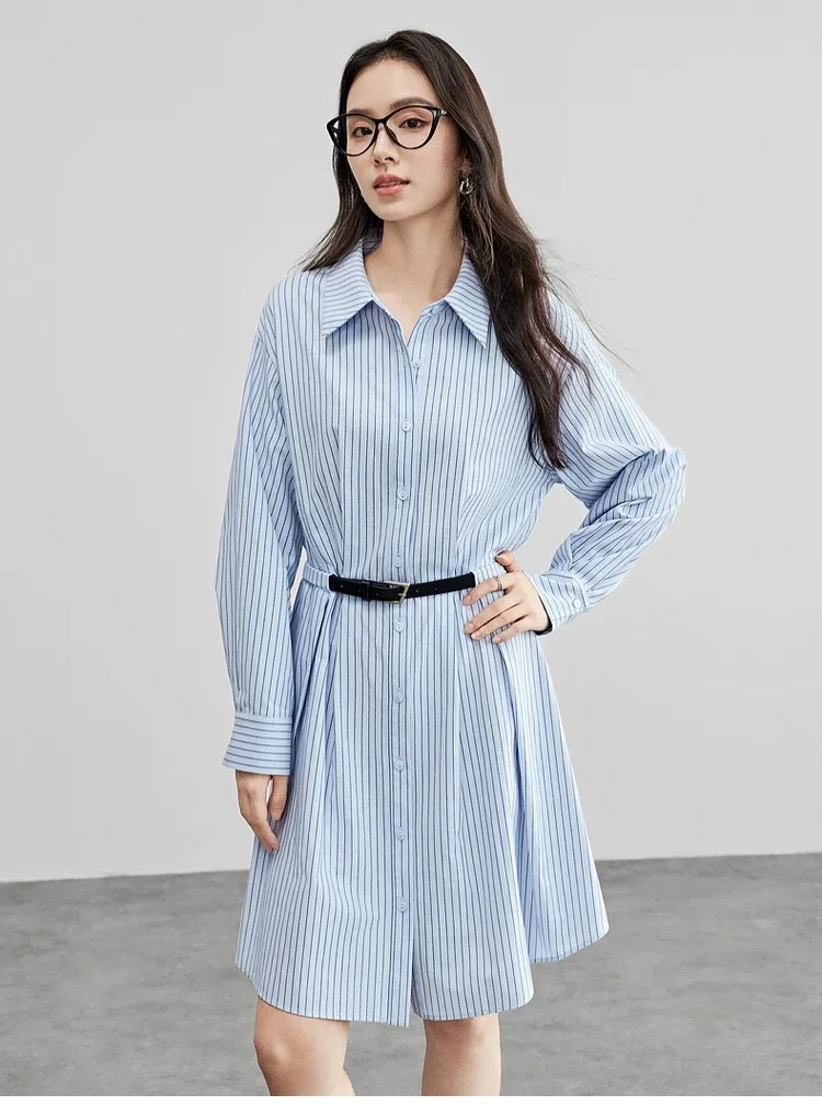 فساتين SENTUBILA النسائية المخططة للمكتب للسيدات على شكل حرف a من القطن بياقة مقلوبة وأكمام طويلة فستان ميدي مع حزام 2025 151L58148 #4