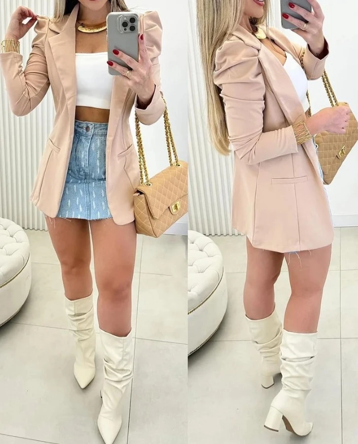 

Women's Blazer 2024 Autumn Fashion Notched Collar Puff Sleeve Blazer Slim Fit Open Front Elegant Plain Long Sleeve Work Coat