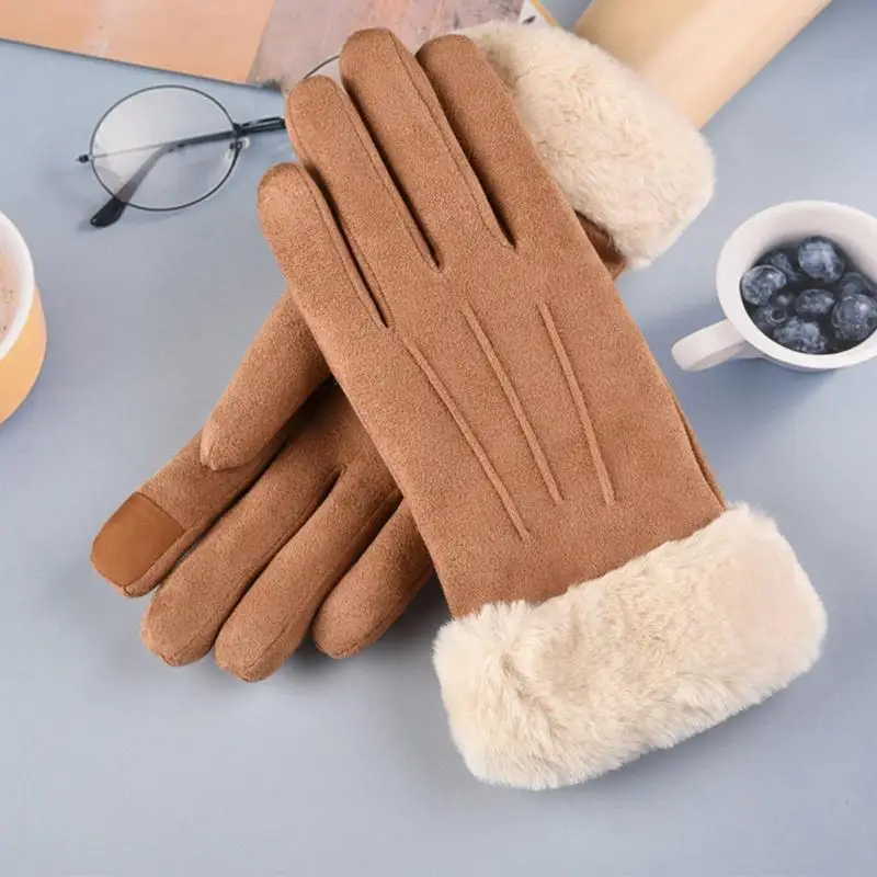 Guantes de esquí con pantalla táctil, guantes de ciclismo con protección contra el frío, guantes térmicos de lana gruesa de cuero PU para actividades al aire libre femeninas