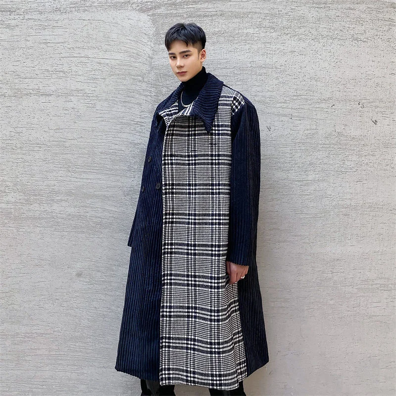 Block Color Plaid Spliced Corduroy Overcoat Men's New Loose Lapel Thick Trench Coat Autumn Winter Tide Woolen Coat