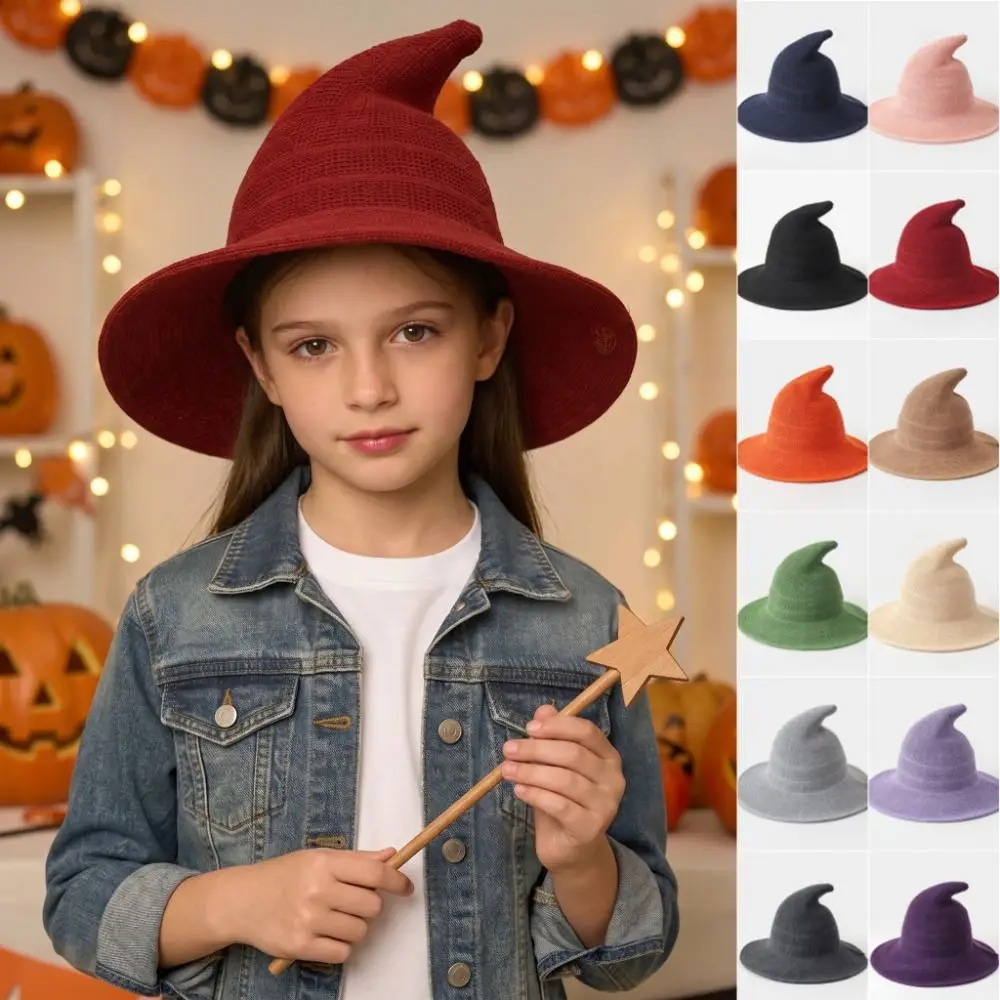 Soft Children's Witch Hat Yarn Cotton Breathable Knitted Wizard Cap Solid Color Halloween Hat Stage Play