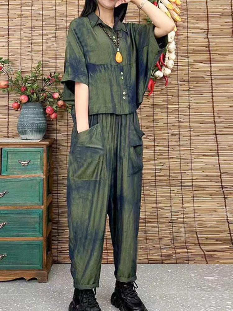 Green Five-Quarter Sleeve Shirt And Slim Fit Capri Pants Set Women's Summer Fashion Slimming Two-Piece Suit by Ai  Yun view 2