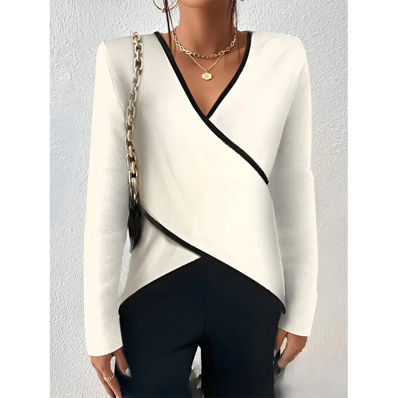Women's Spring Autumn V-neck Solid Cross Hem Long Sleeve T-shirt