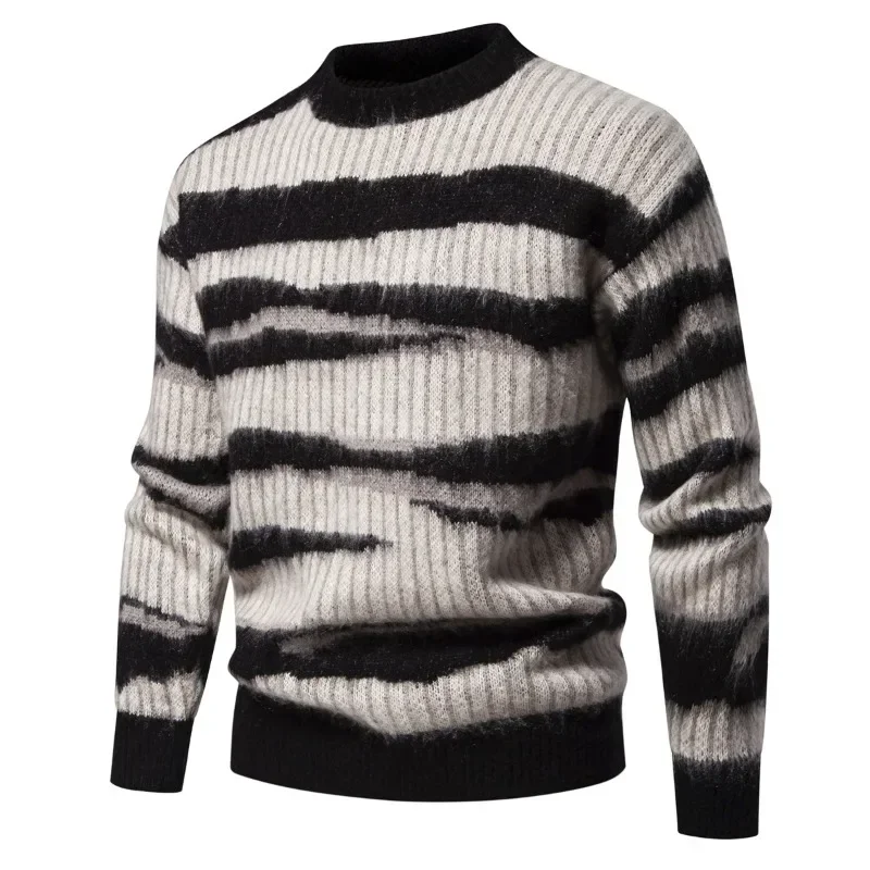 Men's Fashion Horizontal Stripe Black and White Long Sleeve Sweater Casual and Comfortable Round Neck Jumper