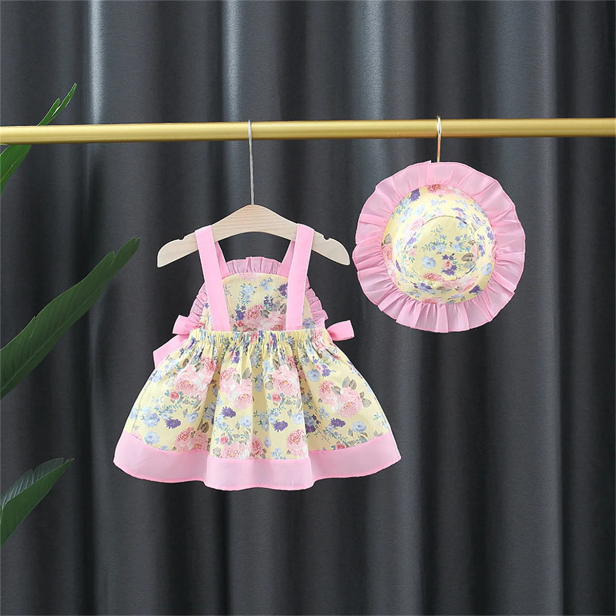 Summer 2-Piece Baby Girl Lolita Dress+Floral Hat Baby Bow Broken Floral Dew Back Sleeveless Cotton Beach 0-3 Year Old Dress