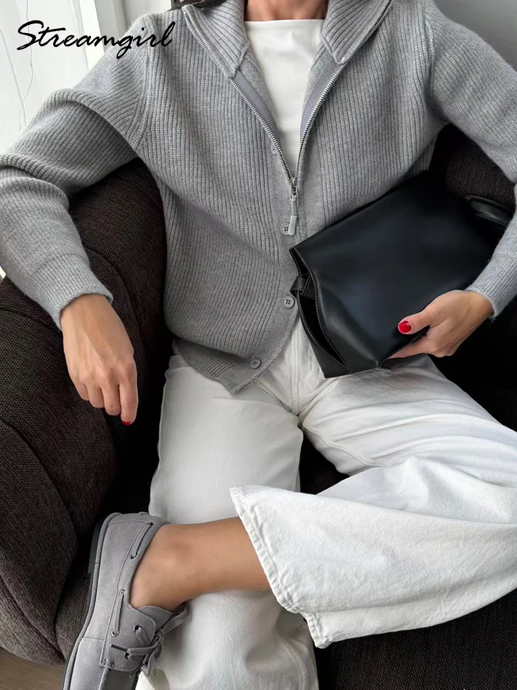 Women Turtleneck Knit Cardigan Double Zipper Solid Autumn Winter Sweater Jacket Elegant Old Money Style Coat Women Casual Warm