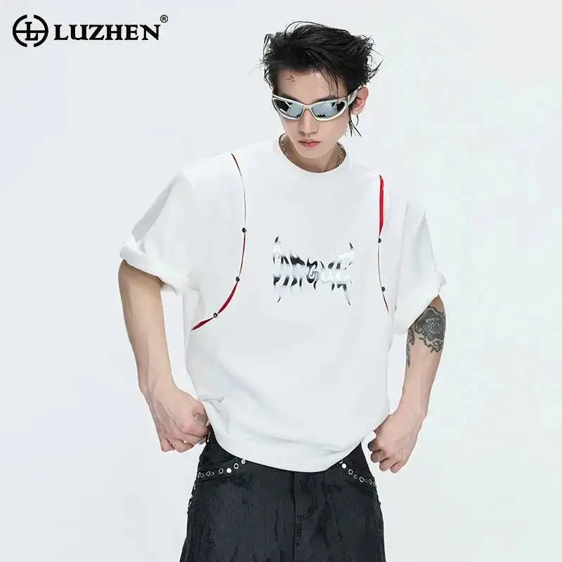 LUZHEN 2026 Summer Hollow Splicing Original Short Sleeve T-shirts Men's Fashion Handsome Loose Casual Letter Printed Tops JY6554