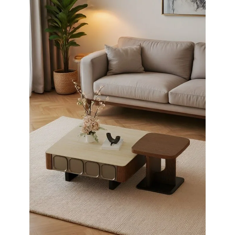 Medieval rock slab coffee table combination, living room home use, metal paint, walnut pattern, light luxury and high-end sense