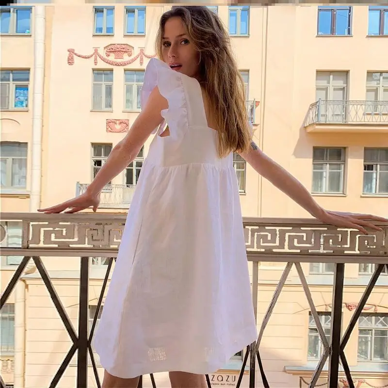 Vestido Casual Amarelo com Mangas em Camadas para Mulheres, Estilo Doce, Botão na Cintura Média, Saia Curta em Cor Pura