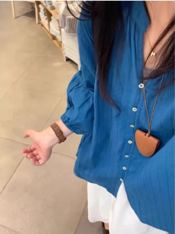 

Blue Long Sleeve UV Protection Shirt Thin Loose Women's High End Lin Banana Fiber Shirt Summer Lazy Style Open Cardigan