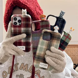 Kawaii 3D Dog Plaid Fabric Phone Case For iPhone 16 Pro 13 14 15 Pro Max Cover Korean Cute Plush Cases Women Funda for apple 15
